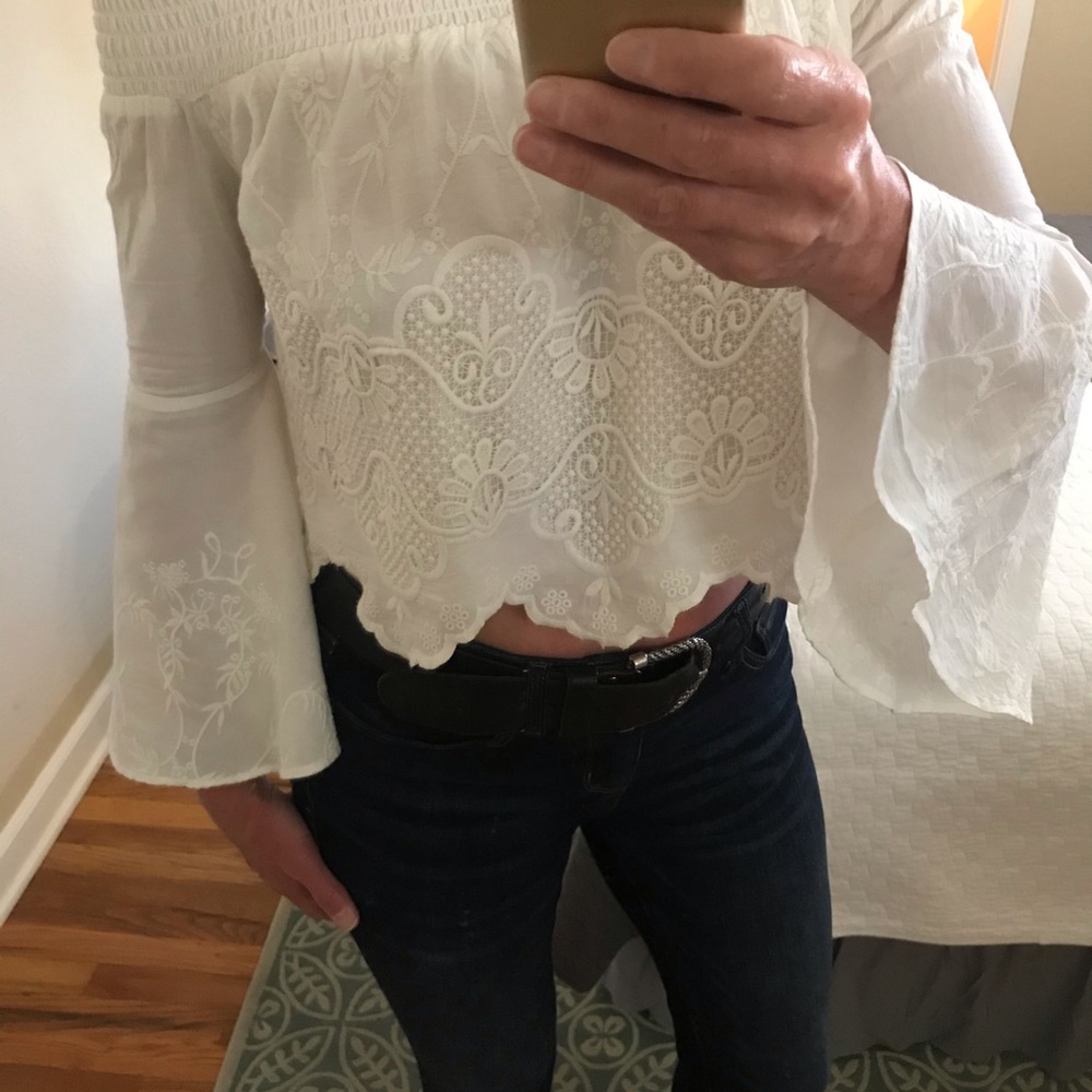 Red Carter Embroidered Off the Shoulder Crop Top - Picture 3 of 7